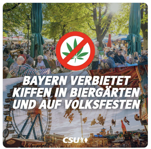 CSU Kachel mit Bildern und Aufschrift: Bayern verbietet Kiffen in Biergärten und auf Volksfesten