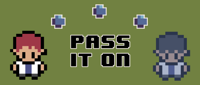 The game title "Pass It On" in black pixel font on a green background. On either side of it are little pixel art boys in school uniforms (or possibly office suits, but they're supposed to be school uniforms), one of whom is turning blue. Above the text are three balls of suspiciously blue candy.