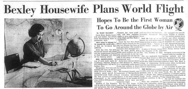 Newspaper clipping about the planned flight with the headline "Bexley Housewife Plans World Flight"
