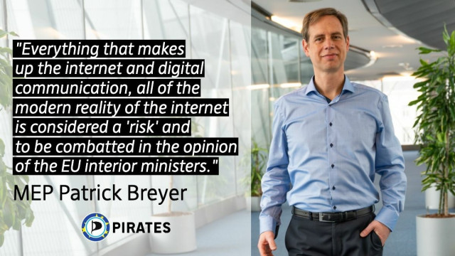 On the picture one can see MEP Patrick Breyer with the quote "Everything that makes up the internet and digital communication, all of the modern reality of the internet is considered at 'risk' and to be combatted in the opinion of the Eu interior ministers."
