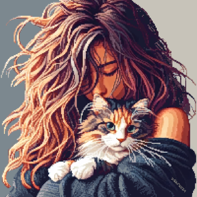 Girl hugging her cat (pixel art image)