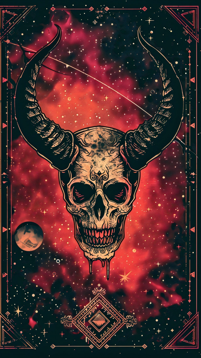 A skull with large, curved horns set against a backdrop of a stylized outer space scene. The skull occupies the center of the image, detailed with deep shadows and highlights that give it a three-dimensional appearance. The horns spiral outwards, adding a dramatic flair to the composition. The background is filled with a red and purple nebula, studded with stars, creating a sense of vastness and mystery. Geometric shapes and mystical symbols frame the image, giving it an esoteric or occult vibe, as if it could be an emblem or a card from a fantasy game. The small planet on the bottom left suggests a cosmic scale, making the skull seem monumental, as if it’s a part of the universe itself.