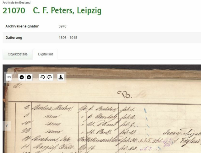 Screenshot von der Anzeige eines Digitalisates eines Kalkulationsbuchs des Musikverlags Rieter-Biedermann auf der Website des Sächsischen Staatsarchivs, abgebildet Personenregister B (u. a. Berlioz und Brahms), Ausschnitt