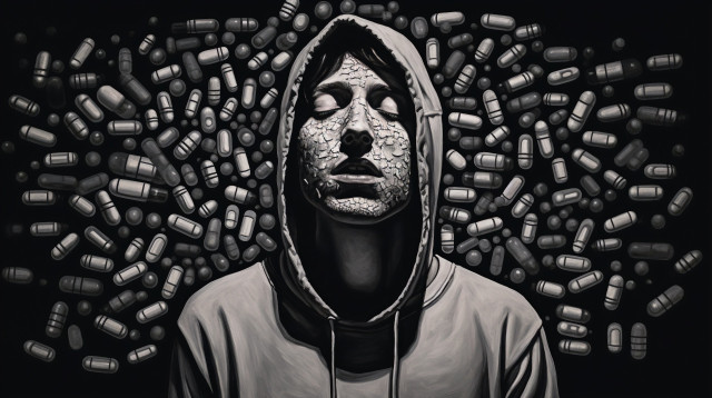 A powerful and somber piece of art. It features a person with their eyes closed, face upturned, and expression tranquil or resigned. Their face appears fragmented, with cracks throughout, resembling dried earth or a shattered statue. This visage is engulfed by an array of capsules and pills that seem to float in the space around them. The background is stark black, which makes the grayscale pills and figure stand out starkly. The artwork could be interpreted as a commentary on the overwhelming nature of medication or the pharmaceutical industry’s impact on individuals. The person’s serene yet fragmented appearance might represent the complex relationship between healing and the consumption of medicine.