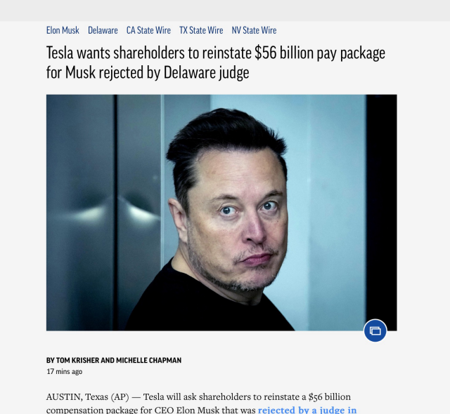 Associated Press: Musk asks Tesla shareholders to reinstate his 56 billion dollar pay package 