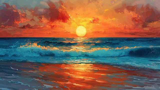 A vibrant painting of a sunset at the beach. The sun hangs low in the sky, casting a brilliant orange glow that reflects off the turbulent sea. Waves crash energetically onto the shore, flecked with foam and highlighted by the sunlight. The sky is a canvas of warm colors, with shades of red, orange, and yellow mingling with the retreating blues of day. The sea reflects these fiery hues, transitioning from a deep blue to a spectrum of sunset colors as it nears the sand. The texture of the paint adds depth and movement, creating a dynamic and immersive scene that captures the beauty and power of the ocean at dusk.