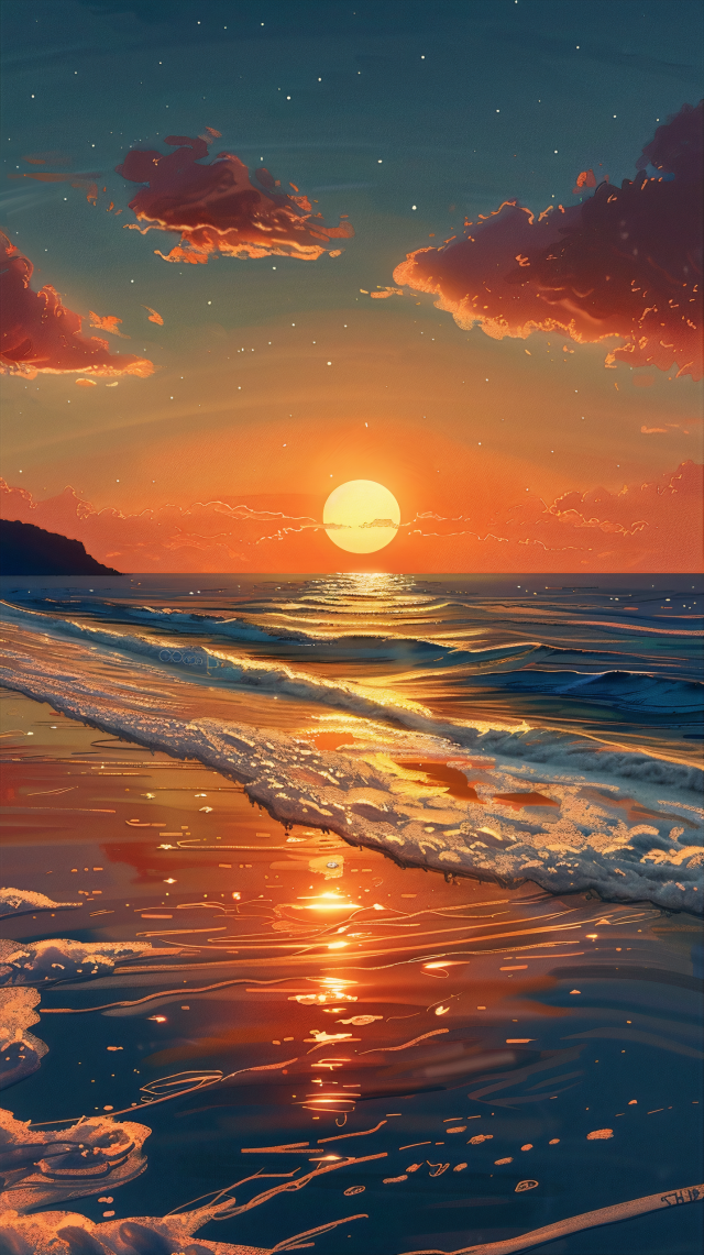A mesmerizing seascape bathed in the warm hues of a setting sun. The sky transitions from a dusky blue to a vibrant orange, dotted with the first stars of the evening. Wispy clouds are tinged with the sun’s fiery palette, floating like embers above the horizon where the celestial body dips close to the sea, its reflection a golden path across the water’s surface. The waves, with their foam crests, capture the sunlight, turning the water into a mixture of deep blues and reflective oranges. The whole scene suggests a tranquil close to the day, with the ocean’s rhythmic movement and the sun’s fading light creating a harmony that celebrates the day’s end.