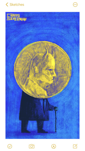 A large gold coin with a face in profile on it. The face is, like that on most currency, a bald man with a hard, vacant stare. Unlike most currency figureheads, this one has devil horns. The coin serves as a head for a figure wearing a dark suit and carrying a cane. The figure stands on a blue background.