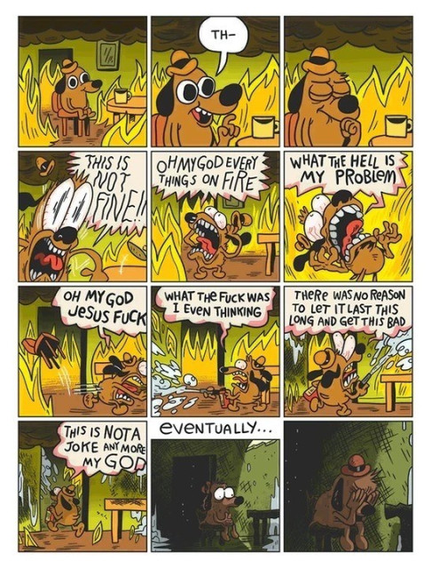 Question hound sitting as in the famous "this is fine" meme in the first frame, freaking out big time, ending up weeping in the burnt out shell of a room in the last frame. Text reads:
"TH-

THIS IS NOT NOT FINE

OH MY GOD Jesus FUCK

OHMYGOD EVERY THINGS ON FIRE

WHAT THE FUCK WAS I EVEN THINKING

WHAT THE HELL IS MY PROBLEM

THERE WAS NO REASON TO LET IT LAST THIS LONG AND GET THIS BAD

THIS IS NOTA JOKE ANY MORE MY GOD

EVENTUALLY..."