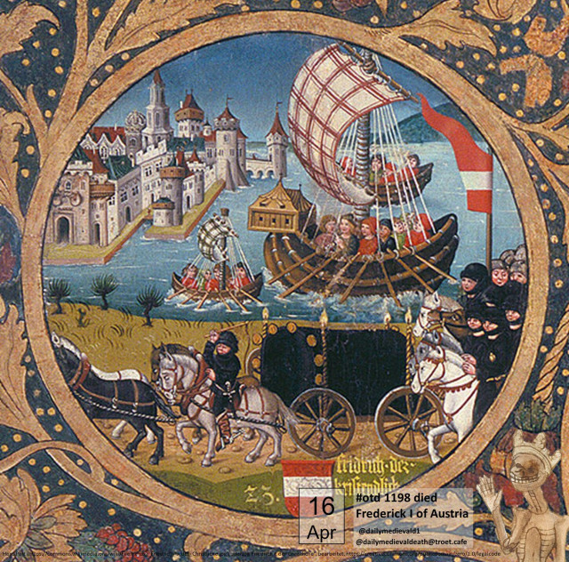 In the foreground, a black coffin is being transported by horses on a cart; in the background, a ship is leaving a harbour.