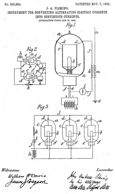 United States Patent 803,684; first sheet. Illustrations of the 'Fleming Valve', the first useful vacuum tube. John Ambrose Fleming, inventor.

United States Patent Office (John Ambrose Fleming, inventor). - United States Patent Office.