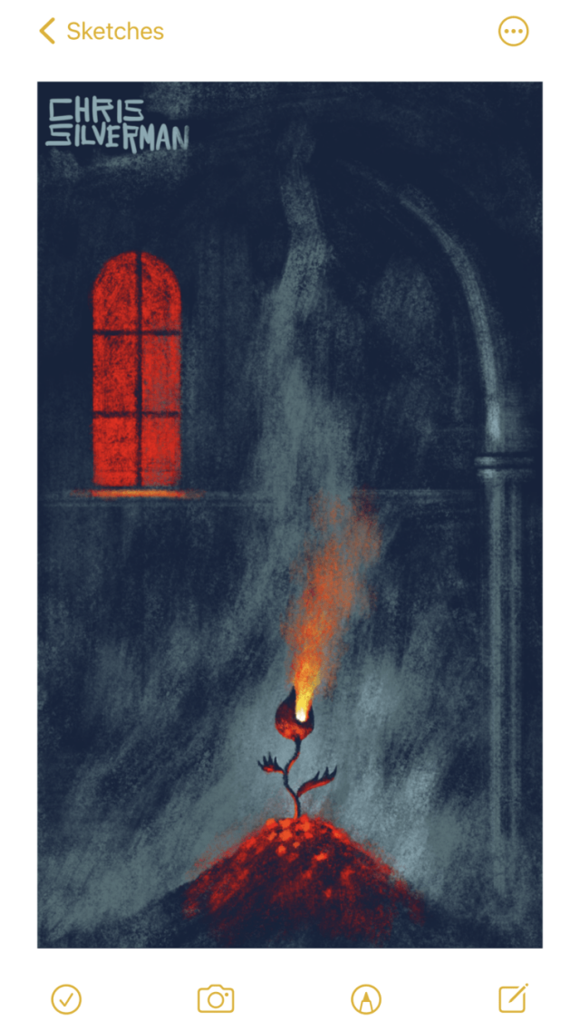 A dark, dungeon-like room. There is only one window in the top left: narrow, gothic-looking, and glowing red. To the right is some sort of dimly visible pillar or arch. In the center of the room is a glowing pile of coals, gray smoke billowing from it. Rising up from the very center of the coals is what appears to be a small, black plant with leaves that look like claws. The underside of the plant is illuminated red in the glow from the embers. The flower part of the plant suggests a creature, or a Venus flytrap: two mandibles open, belching yellow fire.