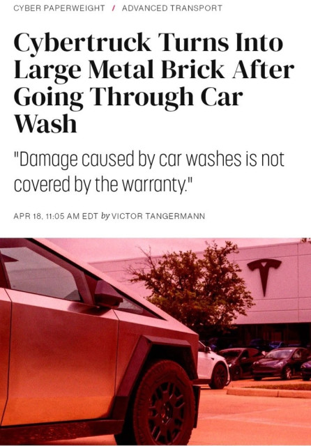 Cybertruck Turns Into Large Metal Brick After Going Through Car Wash
"Damage caused by car washes is not covered by the warranty."