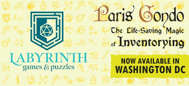 Promotional visual for "Paris Gondo - The Life-Saving Magic of Inventorying" now available at Labyrinth, Games & Puzzles in Washington DC. It shows the store's logo, a shield featuring a D20, in front of background showing an exhaustive collection of looted objects. 