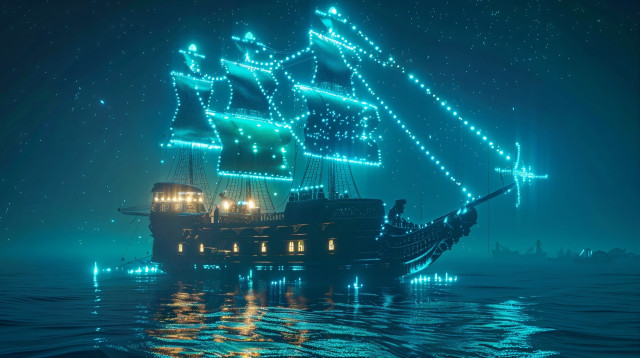 A majestic sailing ship adorned with bright, neon light outlines, giving the illusion that it is composed of stars. It floats tranquilly on calm waters under a night sky sprinkled with stars, reflecting a serene ambiance. This blend of classic and futuristic elements suggests a harmonious fusion of past and future, creating a scene that’s both enchanting and surreal.
