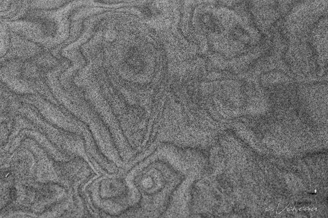 Abstract patterns left on the sand by evaporation seem to draw screaming faces.