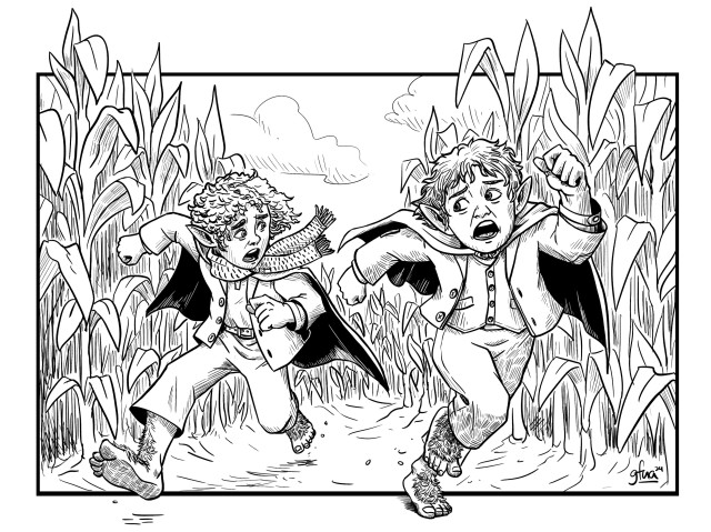 Two hobbits running in a field. 