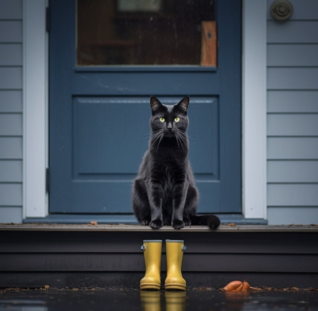 Photography. A color photo of a black cat with two yellow rubber boots. A black cat with yellow eyes sits on a porch in front of a turquoise wooden door. In front of her on the floor are two yellow rubber boots on wet ground. A typical but beautiful animal photo for cat fans.