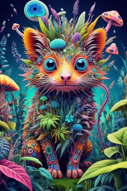 Colorful illustration of a whimsical creature resembling a cat with large eyes and a fur covered in plants, mushrooms, and butterfly wings, set against an enchanting forest background.