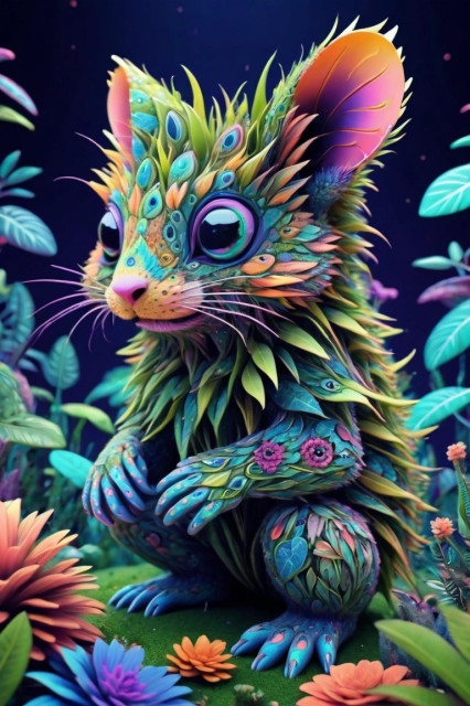 Colorful digital artwork of a whimsical creature resembling a cat with feather-like fur and large eyes, surrounded by vibrant flowers.