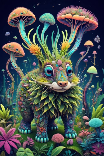 A colorful digital artwork depicting a whimsical creature with features resembling both an animal and plants, surrounded by an array of fantastical mushrooms and foliage in a vibrant, otherworldly landscape.