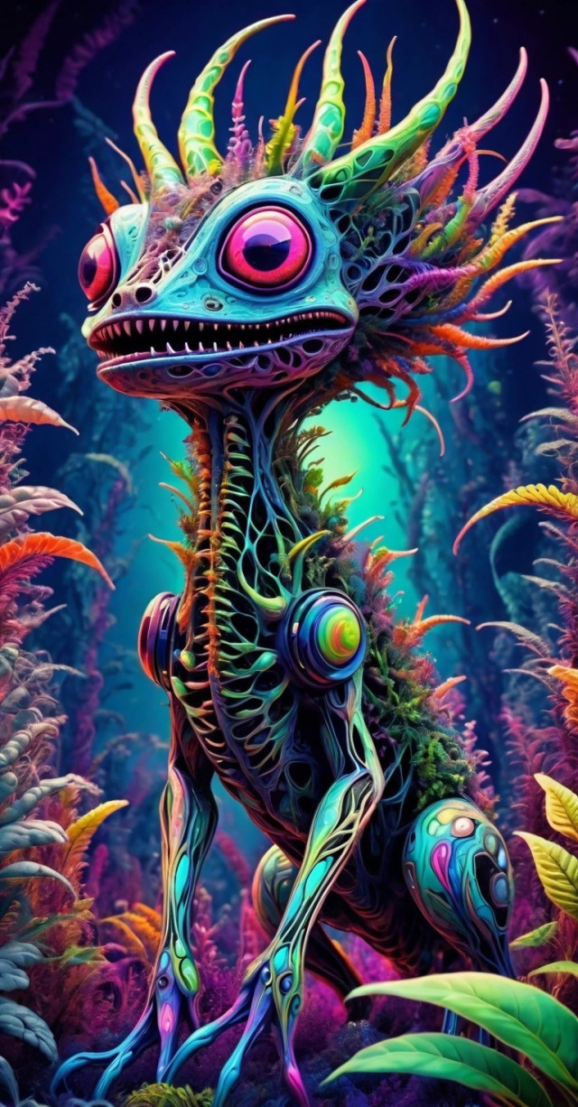 A colorful, stylized creature resembling a mix of various animals with a prominently displayed large eye, in a vibrant, underwater-like setting.