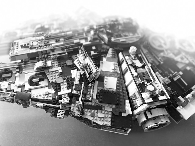 Black and white close-up photograph of the Lego Millennium Falcon™ 75192.