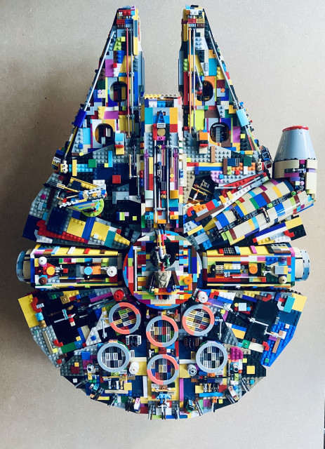 A photograph of a colorful version of the Lego Millennium Falcon™ 75192 taken from above.