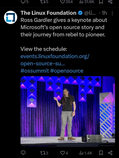 Post from the Linux Foundation with a picture of the speaker and the text "Ross Gardler gives a keynote about Microsoft’s open source story and their journey from rebel to pioneer.
"