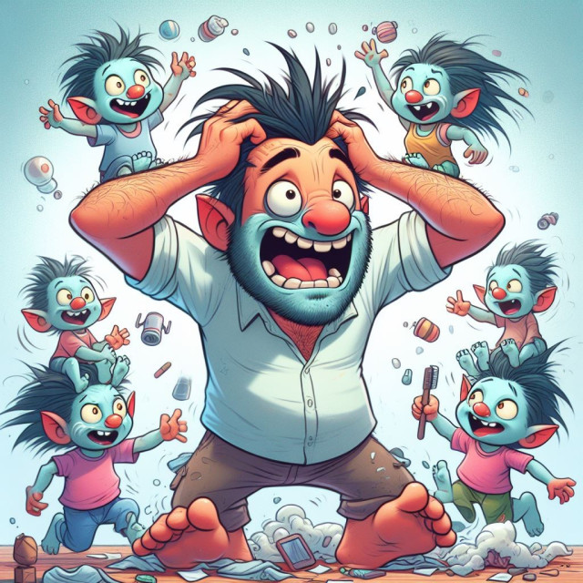 A cartoon troll father, overwhelmed by the antics of his troll children.