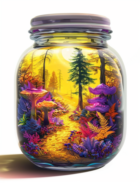 An intricately detailed magical forest contained within a clear jar. The scene is filled with vibrantly colored, otherworldly plants and mushrooms, predominantly in shades of purple, pink, orange, and blue. A sunlit path winds through the miniature forest, leading toward a bright yellow light reminiscent of the sun, which emanates a warm glow that illuminates the entire scene. The backdrop has a hazy transition from a luminous yellow at the base, suggesting a sunrise or sunset, to a clear glass top. This creative and fantastical depiction is designed with an impressive depth that draws the viewer into this miniature, encapsulated world.