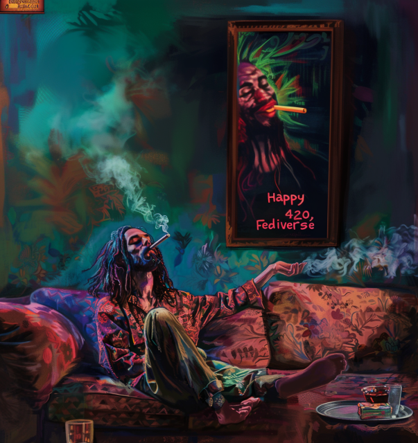 A relaxed individual with dreadlocks, reclining comfortably on a sofa and smoking. The room is drenched in a blend of cool and warm colors, creating an ambiance that suggests a bohemian and laid-back lifestyle. The walls are adorned with vibrant, psychedelic patterns and a framed picture that complements the scene's theme. The words "Happy 420, Fediverse" on the picture further suggest the celebration of cannabis culture. Smoke wafts through the air, adding to the chilled-out vibe of the setting. It’s a stylized representation that seems to capture a moment of peace and personal enjoyment.
