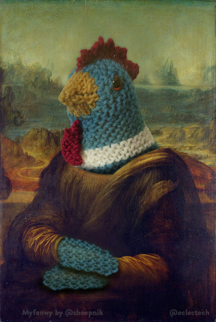 The Mona Lisa, but with a large teal and cream knitted chicken (Myfanwy) instead of the woman.