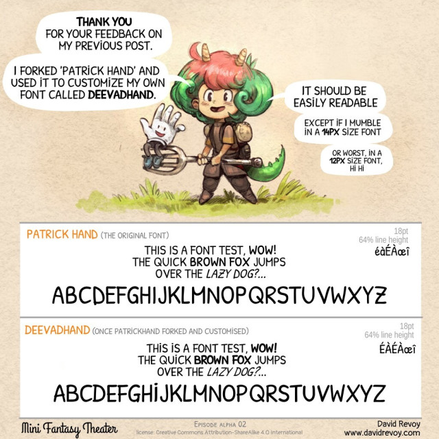 A visual test for font, the character (a cute dragonish warrior with pink hair) says:  Thank you For your feedback on
 my previous post. I forked 'Patrick Hand' and used it to customize my own font called deevadhand.
It should be easily readable.
Except if I mumble in a 14px size font, or worst in a 12px size font, hi hi.
Then, the page list specifications of both fonts, with an alphabet.