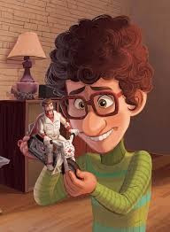 A curly-haired and bespectacled boy holds up a motorcyclist toy with perhaps too much expectation