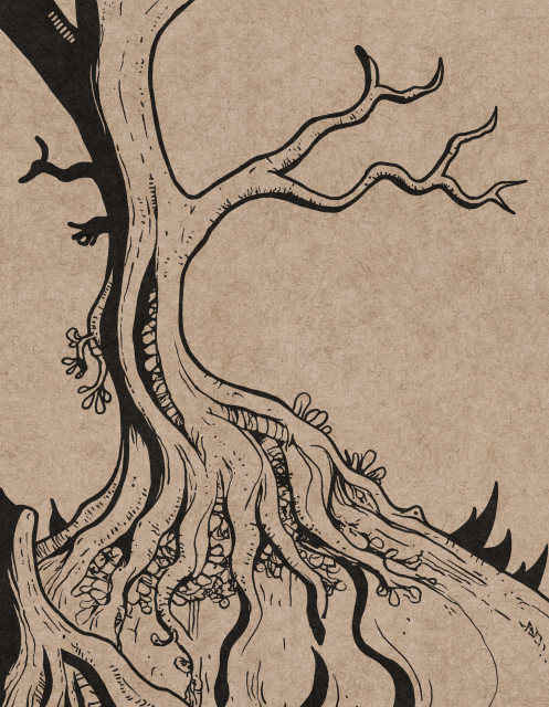 quick rough doodle of an old tree on a hill