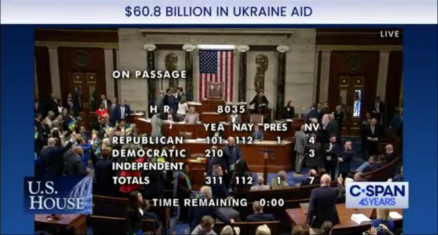 A screen shot from C-SPAN television broadcast showing the vote tally for a Ukraine aid bill. The vote passed 311-112, with 1 Present and 7 Not Voting.