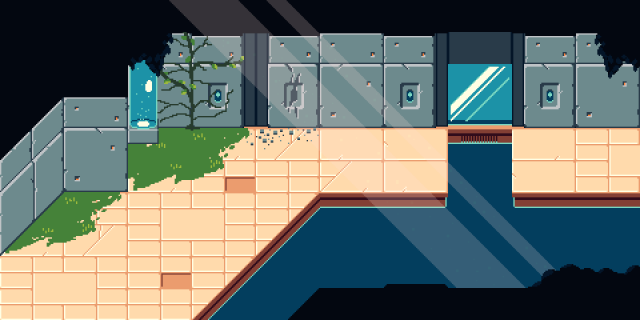 Mockup of a 3/4 perspective pixel art room for a game. There are rock walls and a sand coloured tile path around some water.