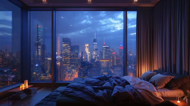 A serene bedroom scene, situated in a high-rise building that affords a majestic view of the city's skyline at night. The room is warmly lit, with ambient candles adding to the tranquility. A large, comfortable bed is positioned near floor-to-ceiling windows that reveal the bustling urban landscape below, sparkling with lights. The scene is a blend of urban sophistication and personal retreat, offering a peaceful space that contrasts with the lively city outside. It's a beautiful snapshot of modern living where the excitement of the city meets the calm of a personal haven.