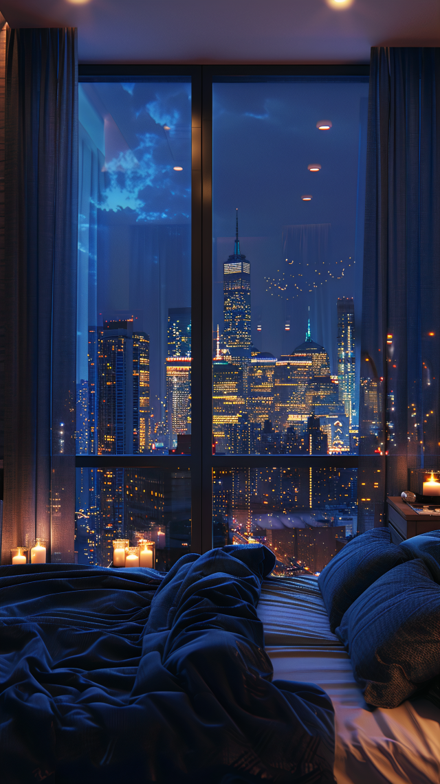A cozy bedroom at night with a stunning view of a city skyline. The room is softly lit, primarily by the glow from numerous candles placed throughout the space. The bedding appears plush and comfortable, primarily in dark blue tones, with several large pillows resting at the head of the bed. A large window dominates the room, offering an expansive view of a bustling city lit up against the night sky; the skyline features several skyscrapers and a dense array of lights. Some clouds are visible in the sky, reflecting the city lights. It's a tranquil scene that combines the serenity of a comfortable interior with the dynamic energy of urban life outside.