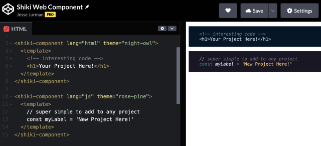 Codepen with a panel of HTML code on the left, and a browser preview on the right. The left side has a "shiki-component" element with a "lang" and "theme" attribute, with code inside. The right panel shows a preview of the code based on the attributes.