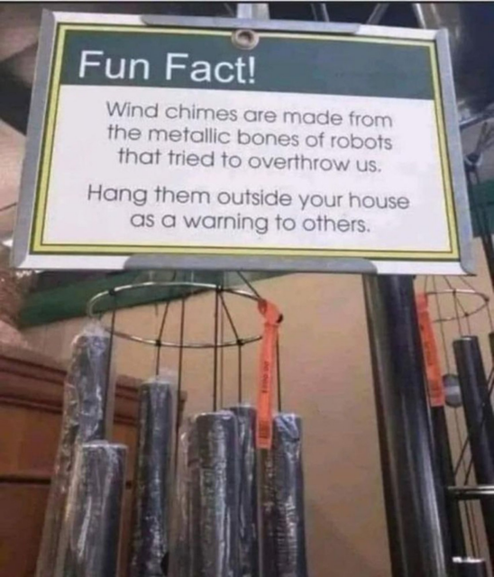 FUN FACT: 
Wind chimes are made from the metallic bones of robots that tried to overthrow us. Hang them outside your house as warning to others
