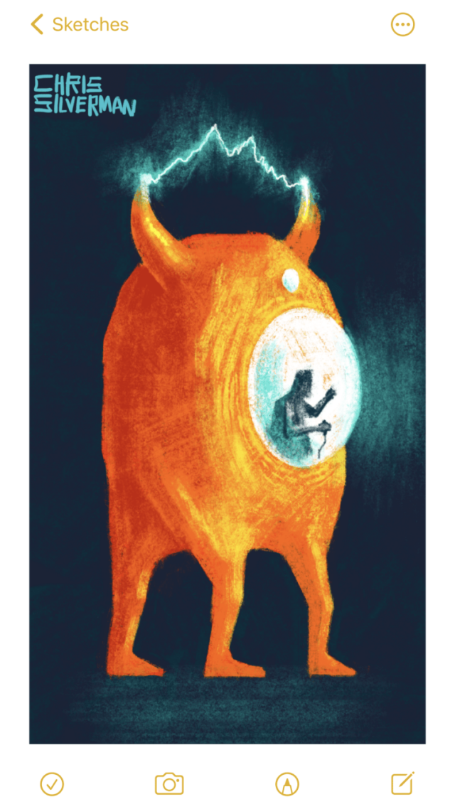 A three-legged orange entity, somewhere between a creature and a machine, with two horns and an enormous eye-like window in the middle of its body. The entity is in a dark area: at night, or maybe even under the water. A person is visible in the window, operating controls. A glowing green bolt of electricity jumps between the entity's horns. The light from the interior casts a hazy green glow out into the darkness.