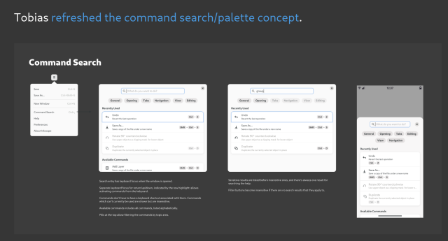 A screenshot from This Week In Gnome, with the text "Tobias refreshed the command search/palette concept." and a mockup image of what looks like a search for all menu items in an application