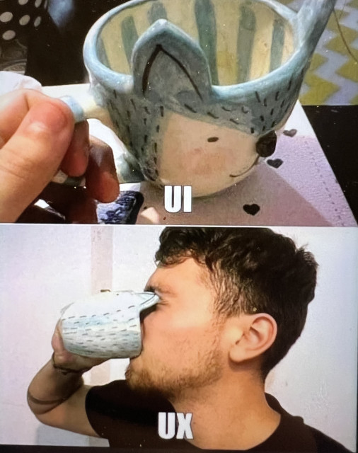 Two pictures. Top picture is a light blue fox cup. Hand painted, big ears. Labeled UI. Bottom picture is man trying to drink from same fox cup. Big ears are poking him in the eyes. Labeled UX.