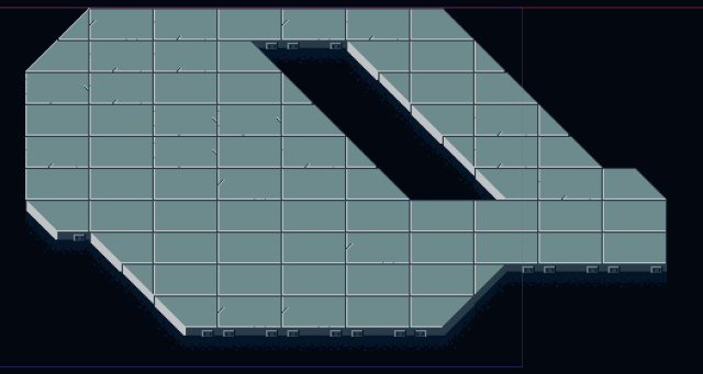 Floating pixel art tiled platform. Some of the sides have angles other than 90 degrees, and there is a slanted rectangular hole in the platform.
