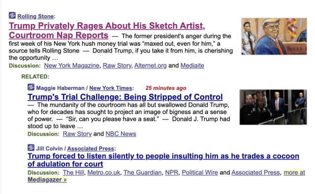 A screenshot of multiple headlines focusing on Trump's mental state as he faces charges of business fraud and election interference in Manhattan. 