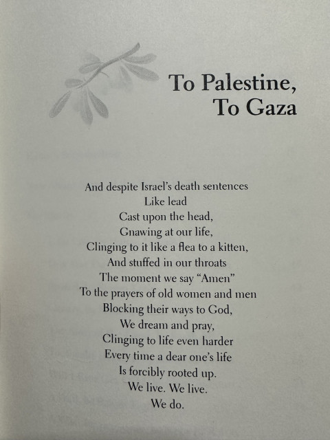 To Palestine,
To Gaza
And despite Israel's death sentences
Like lead
Cast upon the head,
Gnawing at our life,
Clinging to it like a flea to a kitten,
And stuffed in our throats
The moment we say "Amen"
To the prayers of old women and men
Blocking their ways to God,
We dream and pray,
Clinging to life even harder
Every time a dear one's life
Is forcibly rooted up.
We live. We live.
We do.