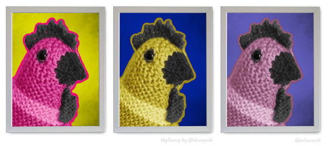 A 3 panel Warhol style pop art piece of Myfanwy the knitted chicken. Each panel is the same head shot of Myfanwy against a different coloured backdrop; bright pink against yellow, yellow against dark blue, light pink against light blue.