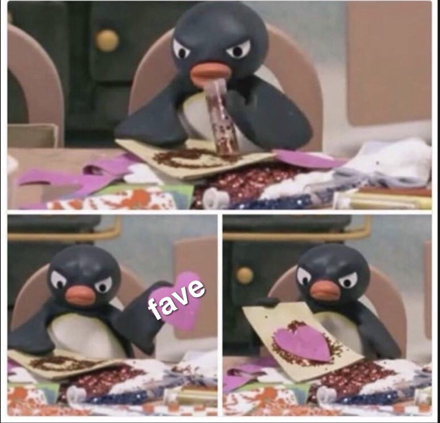 Story in three panels: 
1. Pingu angrily crafting a glittery Valentine's card. 
2. Smashing a heart with the word "fave" on top, before...
3. still looking at the finished card angrily.